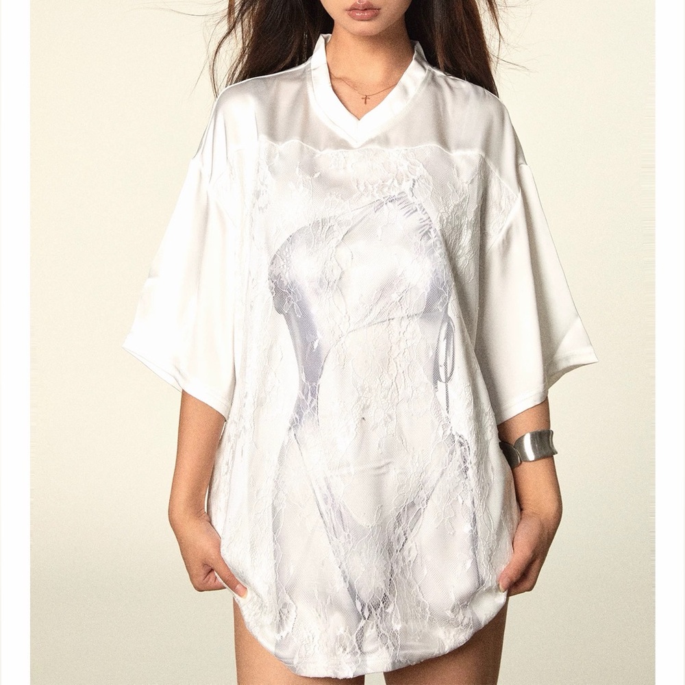 White Satin Lace Jersey Bikini Print L